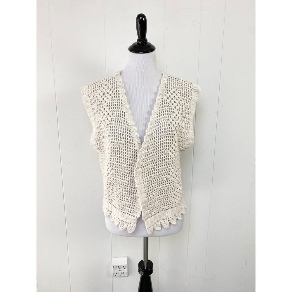 Vintage Boho Cottage Granny Crochet Vest XL Cream Cotton Open‎ Knit Scalloped